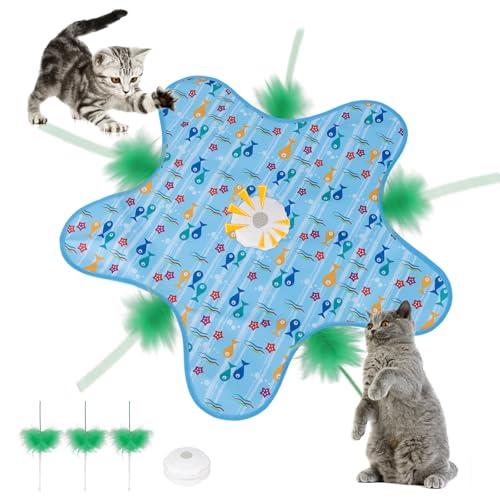 Interaktives Katzenspielzeug Selbstbeschäftigung Katzenspielzeug Elektrisch mit Versteckspiel Beweglicher Feder Quietschender Maus USB Wiederaufladbar für Wohnungskatzen Kitten und Erwachsene Blau