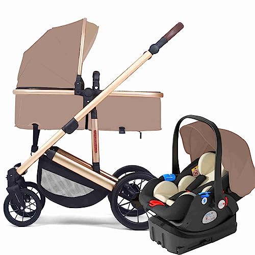 Lulicy Baby Stroller and Car Seat Combo Girl Boy for Toddlers 1-3 3 in 1 Baby Stroller Travel Systems with Bassinet Mode and Infant Seat Base Convertible Baby Stroller (Color : Khaki)
