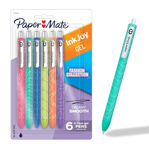 Image of Paper Mate InkJoy Gel Pens, Fashion Barrels, Retractable, Medium Point (0.7mm), Smooth Writing, Black Ink, 6 Count - Trendy Office Supplies