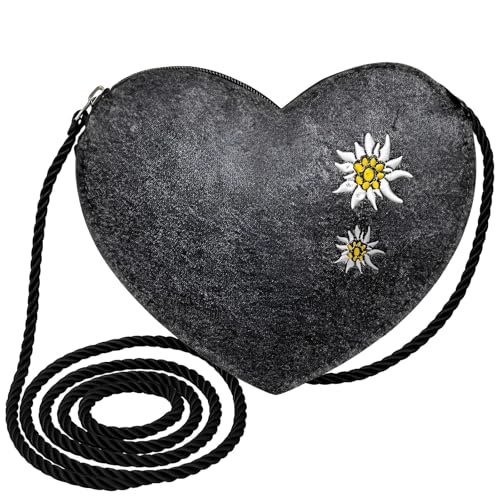 Scinzene Herztasche Dirndl Mit Edelweiss Stickerei, Trachtentasche Damen, Dirndl Tasche, Dirndltasche, Trachten Tasche Damen, Herz Filztasche Mit Schulterband 120 Cm, Robustem Grau Filz