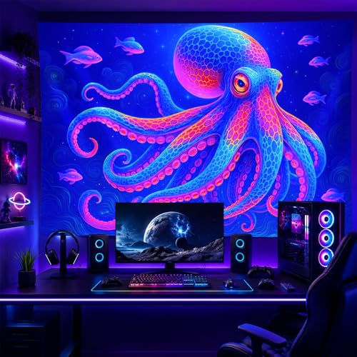 Image of BlissYard Neon Octopus Black Light Tapestry UV Reactive Psychedelic Ocean Deep Sea Wall Hanging for Living Room Bedroom Dorm Room Bar Party Decor 78x59 Inch