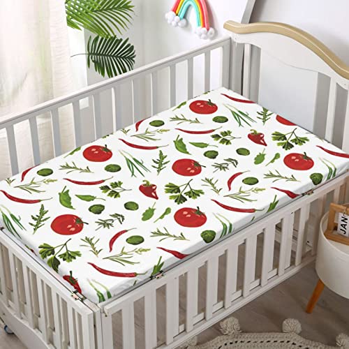 Vegetables Themed Fitted Crib Sheet,Standard Crib Mattress Fitted Sheet Soft And Breathable Bed Sheets-Baby Sheet For Boys Girls,28“ X52“,Ruby Fern Green White #TOP1