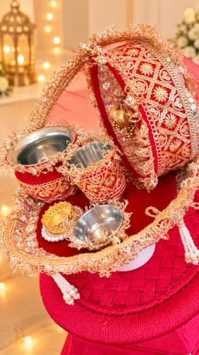Image of Karwa Chauth thali Set, Pooja thali, Decorate thali, Decor, Red & Gold, Pink & Gold Karwa Chauth thali Set