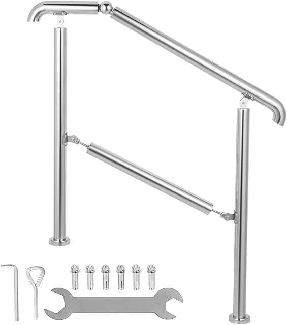 VEVOR Railing Stainless Steel Transitional Handrail fit for Level Surface and Steps Adjustable Stair Railing Indoor Outdoor Step Railings 441lb Capacity W/Installation Kit Porch DIY (3.5 Ft)