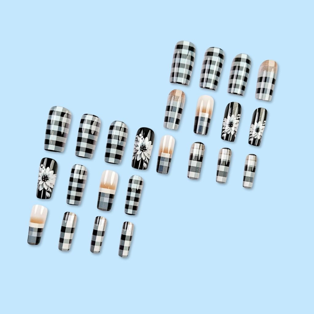 24 Pcs Mediums Square False Nails White Flowers Artificial Nails Checkerboard Stick On Nails French Tip