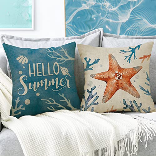 Fahrendom Hello Summer Starfish Seahorse Coastal Decorative Throw Pillow Cover 18 X 18 Set Of 4, Coral Conch Shell Porch Patio Outdoor Pillowcase, Ocean Sea Nautical Couch Cushion Case Home Decor #TOP4