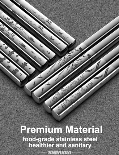 Image of Metal Chopsticks Reusable 18 /8 Stainless Steel Sleek Engraving Patterns Chop Sticks Reusable Dishwasher Safe Non-Slip Chopsticks+Flower Silver 5 Pairs