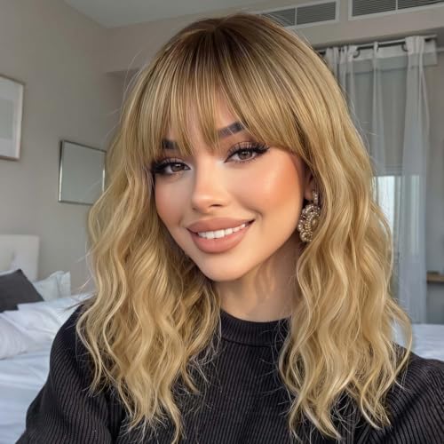 Image of AISI HAIR Curly Bob Wig with Bangs Short Wavy Golden Blonde with Darker Roots Wigs for Women Bob Style Synthetic Heat Resistant Bob Wigs