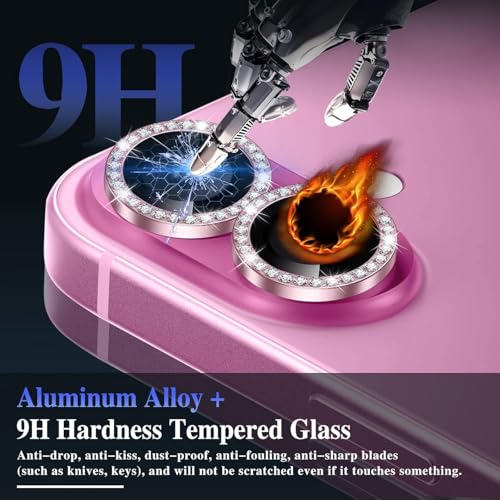 Image of Diamond Camera Lens Protector for iPhone 16 & iPhone 16 Plus Pink HD Clear 9H Hard Tempered Glass Camera Cover Waterproof Easy Install Full Camera Protection Anti Drop Case Friendly Luxury Shiny Diamond Design