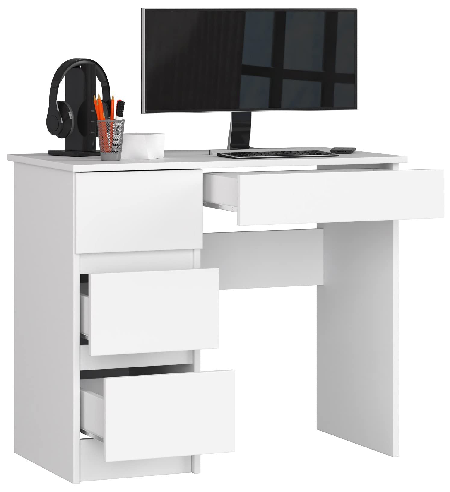 Home Collective Computertisch Bürotisch mit ausziehbarer Tastaturablage, Schreibtisch Laminatplatte mit ABS-Kante, mit 4 Schubladen Links, 90 x 50 x 77 cm, weiß