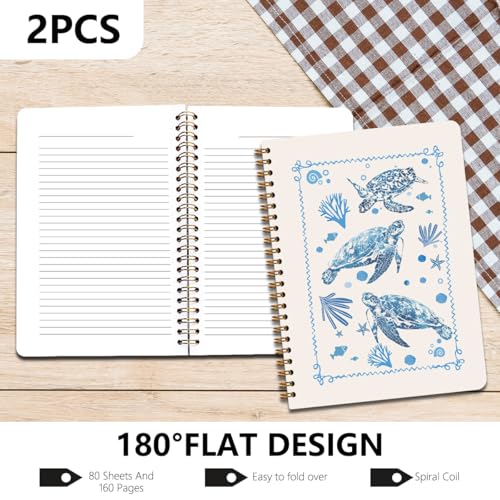 Image of 2 Pcs Sea Turtle Spiral Notebooks for Work, A5(8.3x5.8inch) Composition Notebook College Ruled Note Book, Blue Coral Notepads Lined Travel Journal for Writing, Cute Diary Sea Turtle Gifts for Women