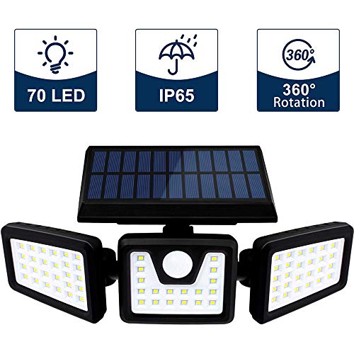 Lampe De Sécurité Solaire, Lampe À Détecteur De Mouvement À 3 Têtes 70led, Projecteur Extérieur Réglable Rotatif À 360 °, Véranda Étanche Ip 65, Jardin, Cour, Parking, Éclairage De Passage