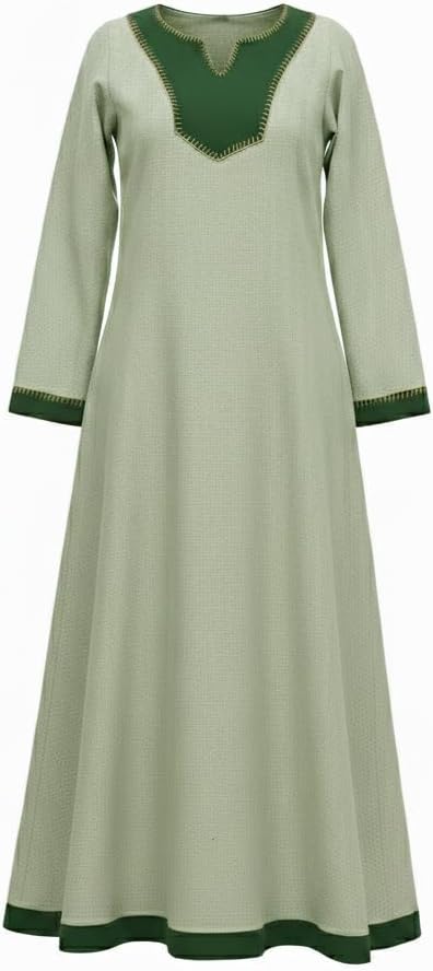 Nordic Runeweave Viking Medieval Dress for Women | Hand Embroidered Herringbone Pattern Long Sleeve Cotton Linen Norse Dress