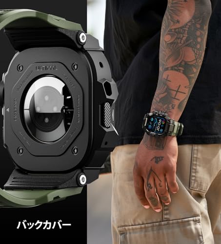 undefined コンパチブル Apple Watch Ultra 3/Ultra 2/Ultra バンド アップル ウォッチ バンド 49mm ケース 一体型, ミリタリーグレード耐衝撃バンパーカバーTPU/TPE 耐衝撃 滑り止め 耐久性 落下防止 (アーミーグリーン・ブラック, 49mm) の商品画像 3