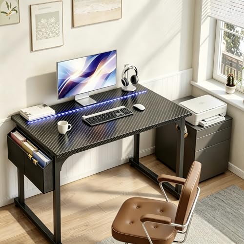 Image of DurayLoly 40 inch Gaming Desk with Waterproof LED Lights, Carbon Fiber Desktop for Small Spaces | Home Office Study Computer Desk with Storage Bag & Headphone Hook, Black