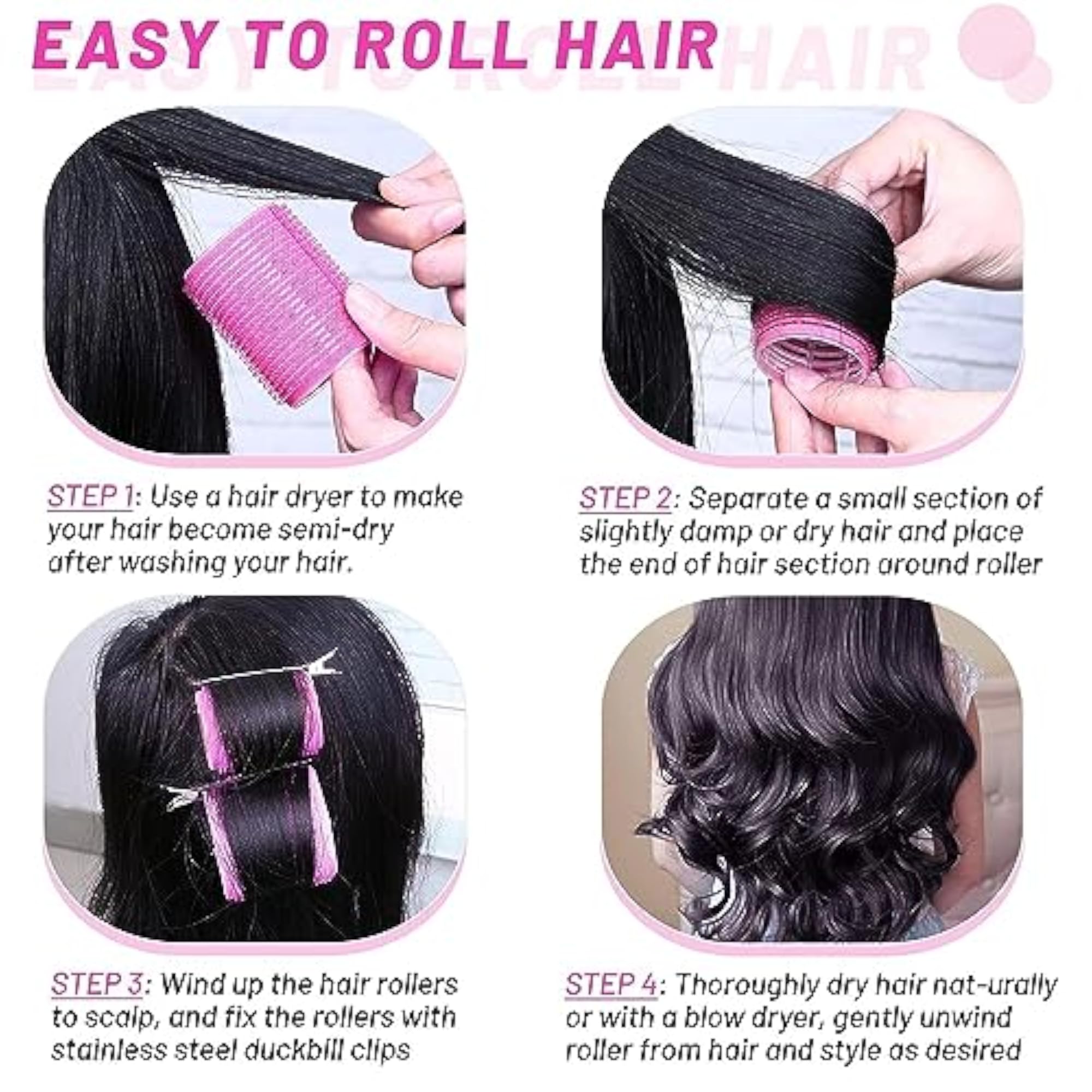6Pcs Jumbo Hair Rollers Set with Stainless Steel Clips