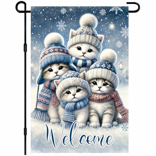 Image of BlissYard Winter Garden Flag Kitten Hats 12x18 Inch Polyester