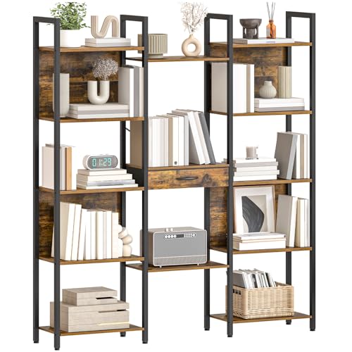 HOOBRO Librería de 5 Niveles, Biblioteca de Vintage, con 13 Compartimentos Abiertos y 1 Cajón de Tela, Estantería de Almacenamiento de Pie, para Salón, Estudio, Negro y Marrón Rústico EBF160SJ01