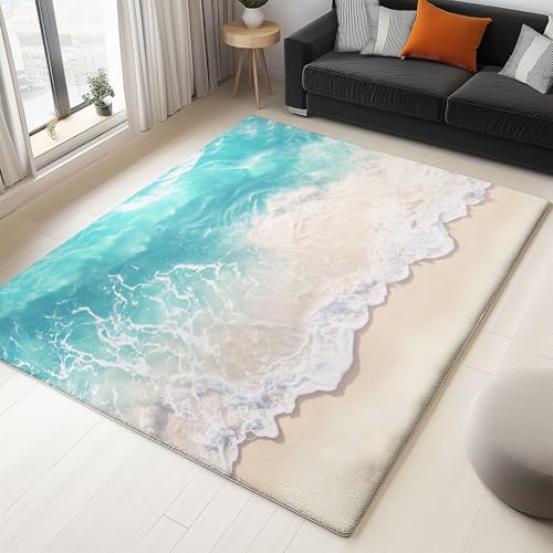 Tapis chambre enfant bleu lagon motif plage et vagues doux sous les pieds - 3