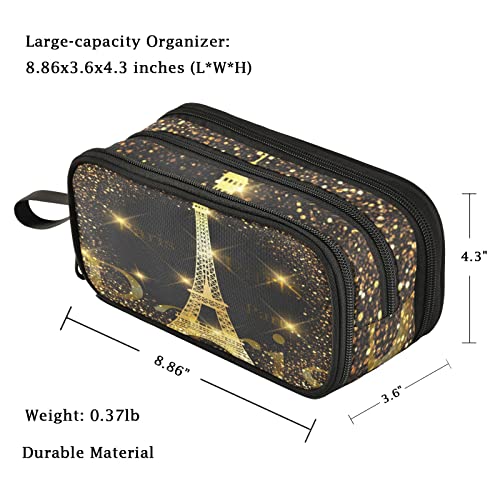 Image of Fustylead Fashion Shiny Paris Stars Large Pencil Pen Case Stationery Bag, 3 Compartments School College Office Desk Organizer Storage Pouch Marker for Teen Boys Girls Students-Black