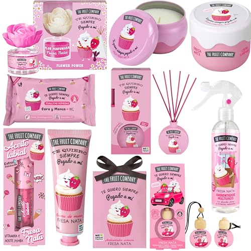 Mega pack 10 unidades para regalar TFC SET regalo Dia de la madre, Fresa y nata The Fruit Company cosmetica para regalar Aceite labial, crema corporal y manos, ambientadores en flor