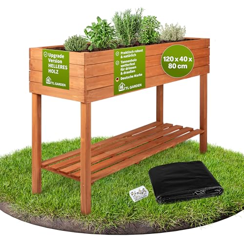 TTL GARDEN Balkon Hochbeet XL 120x40x80cm aus Holz - Pflanzkasten & Blumenkasten mit Ablageboden & Folie - Tannenholz wetterfest - Pflanzbeet Kräuterbeet Blumenbeet für Garten Balkon Terrasse Braun