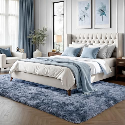 Zentavio Area Rugs for Living Room Large Rugs for Bedroom 5x8 Carpet Fluffy Fuzzy Soft Shag Aesthetic Plush High Pile Gray Throw Rug for Nursery Kids Room Dorm Tie-Dyed Blue Grey