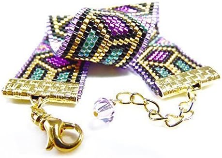 Purple, Green and Gold Stained Glass Peyote Seed Bead Bracelet