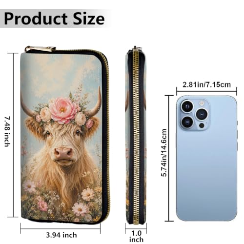 Image of Women's Wallets Credit Card Holder Money Leather Long Wallet | Long wallet with Wristlet,Large Capacity with Zip-Around Phone Purse for Women Ladies Girls,Cute Highland Cow