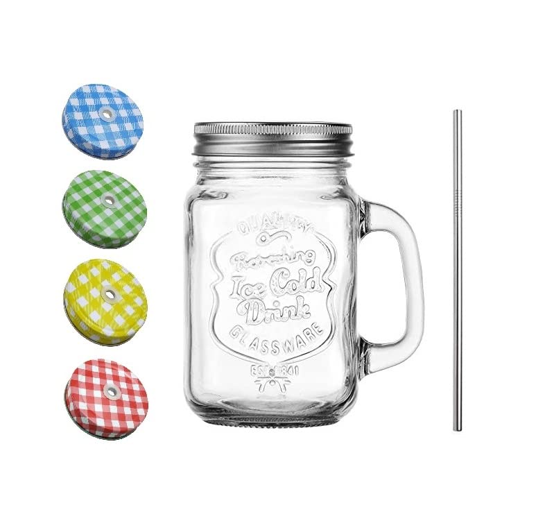 Image of SAVE Mason Jar with Stainless Steel Straw and handle and 2 Lids | 1 Lid with Hole and 1 without Hole | Stylish Embossing Design | 450 ml | Multicolour Lid with Hole (Straight Straw)