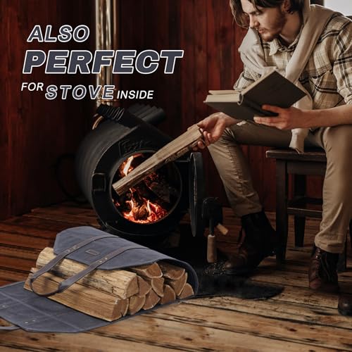 Log Carrier|Waxed Canvas Log Holder|Firewood Carrier Tote Bag|Fireplace Wood Stove Accessories-Grey