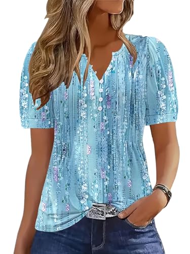 ETCYY Womens Shirts Dressy Casual Short Sleeve 2025 Summer Tops Spring V Neck Button Down Pleated Ladies Tunic Blouses