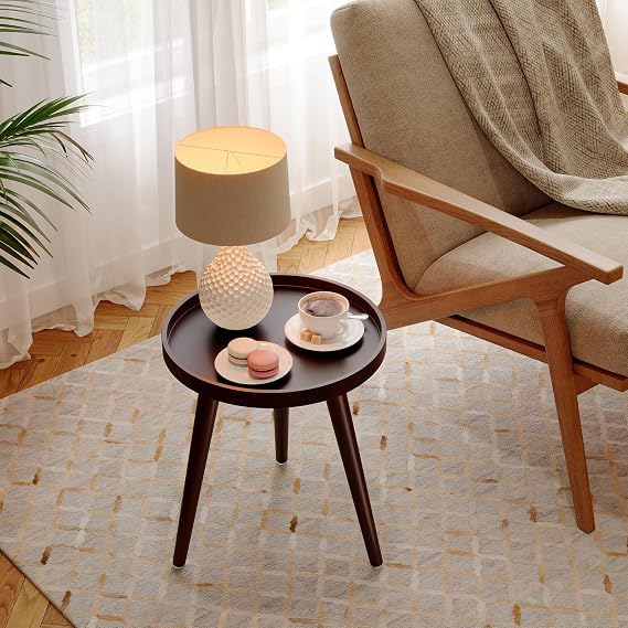 Image of Small Round Coffee Table, Modern Side Table with 3 Stable Legs, Multifunctional Sofa Side Table for Balcony Office (Full Brown)