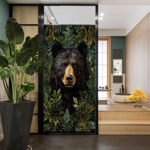 Vintage Bears Stained Glass Window Film Abstract Rustic Interesting Animals Privacy Window Film Non-Adhesive Glass Film Decorative Static Cling Film for Home Office 17.7Wx23.6L
