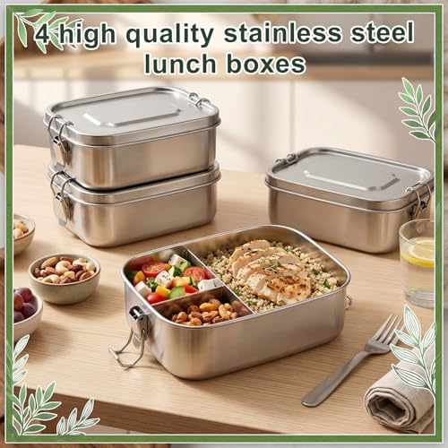 Image of Funnymoom 4 Pcs Stainless Steel Bento Lunch Box, 3 Compartment
