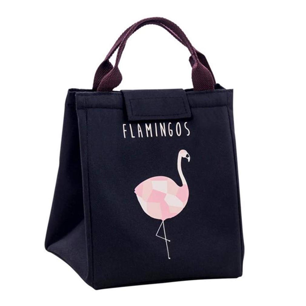 Lunch Bag with Printed Design and Aluminum Insulation with Handle Straps (Black Flamingo)