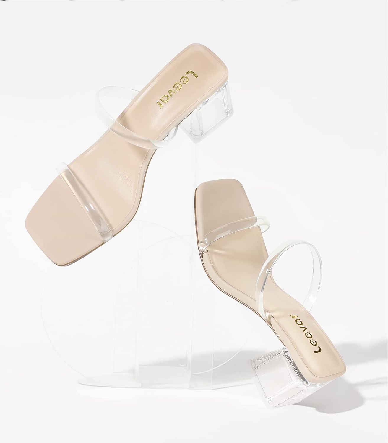 Leevar Square Toe Heeled Sandals for Women - Women's Low Block Heels Sandals - 2.25IN Open Toe Ankle Strap Chunky Heels - Slip on Heeled Sandal Mule- Nude Black Strappy Heels for Party Wedding Dress Shoes - Image 4