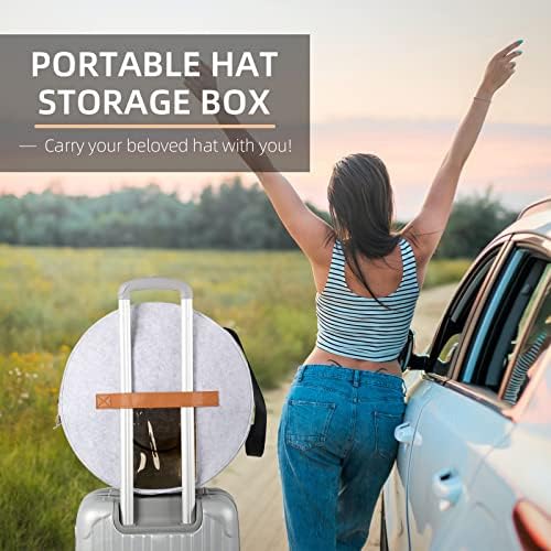 Round Hat Storage Box, 17" Diameter Felt Travel Hat Boxes for Women & Men with Translucent Dustproof Lid and Shoulder Strap for Various Types of Hats/Clothes & Toy Storage/Closet Organizer, Grey