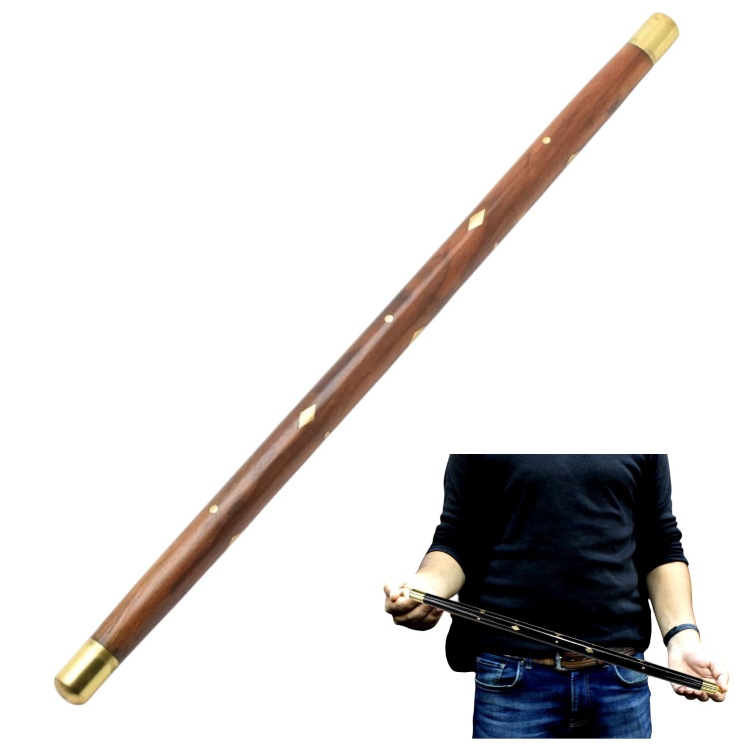 Shreeja Shilpcraft Wooden Morning Walk Stick Sheesham Wood with Brass Ends, Diamond Inlay Pattern, Brown(23 Inch)-image-34