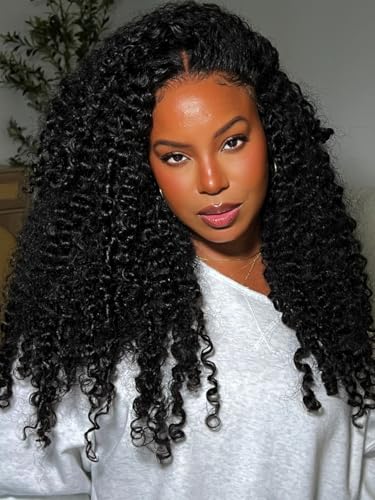 Image of KLAIYI EasiContour V Part Wig Human Hair Curly Glueless Wear And Go Clip In Half Wig Upgrade U Part Wigs for Women 12A No Leave Out No Glue Beginner Friendly Natural Black Color Ready to Go Wig 26Inch
