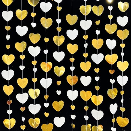 Image of White Gold Heart Garland Hanging Paper Love Heart Streamer Banner for Baptism Engagement Anniversary Valentines Day Birthday Bachelorette Mothers Day Wedding Bridal Shower Party Decorations Supplies