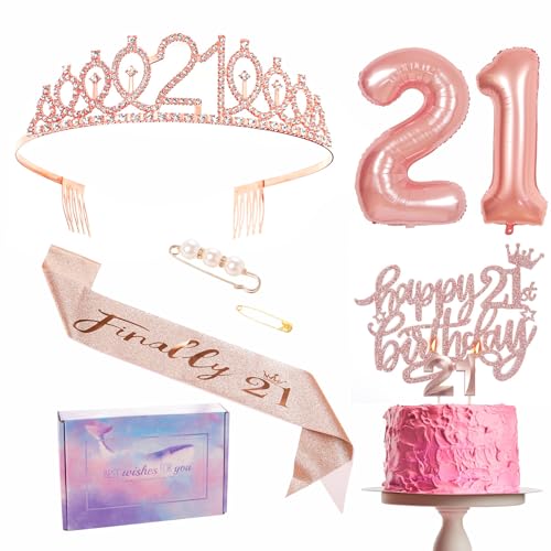 Decoraciones de cumpleaños número 21 para ella, faja, juego de tiara, corona, decoración para tartas, globos de aluminio del número 21, velas, suministros de fiesta y regalos para niñas