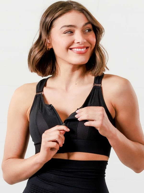 Image of Women Polyester Spandex High Impact Front Zip Sports Bra Fitness Criss Cross Back Crop Tops Tank Gym Yoga Workout, Size: M-5XL