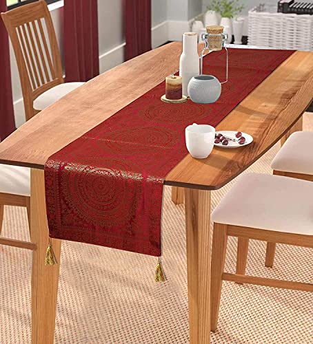 Image of Diwali Decor Brocade Jacquard Silk Table Runner Long Runner for Dinning & Centre Table Mandala Print 72 x 16 Inches (Maroon)