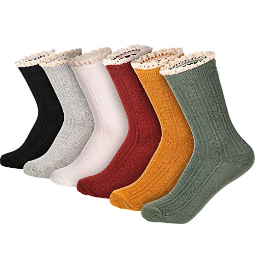 6 Pairs Women's Ankle Socks Lace Ruffle Frilly Ankle Socks Vintage Cute Trim Ankle Crew Socks Cotton Knit Socks