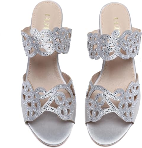 Womens Sparkly Kitten Heel Sandals,Ladies Summer Rhinestones Glitter Wedding Evening Slides Double Strap Dressy Casual Bling Low Heel Slip on Party Trendy Fancy Memory Foam Comfortable Shoe