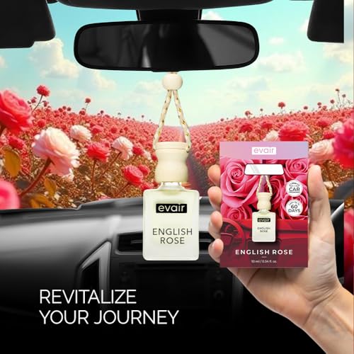 Image of Evair English Rose Car Air Freshener | Hanging Car Perfume | Premium Car Fresheners | Car Aroma with Essential Oils| Hanging Perfume for Car in Glass Bottle with Wooden Diffuser Lid (10ml, Pack of 1)
