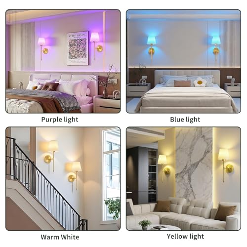 Image of Battery Operated Wall Sconces Set of 2, Wireless Battery Wall Light with 5200mAh Dimmable Bulbs with Remote,RGB15 Colors Wireless Wall Lamps for Bedroom Living Room Hallway Decor-Brass Gold