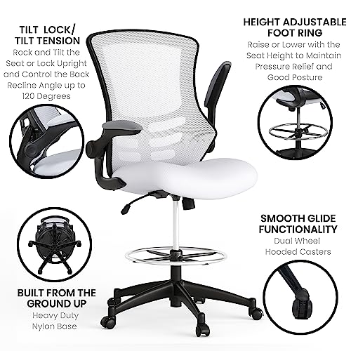 Image of Flash Furniture Kelista Mid-Back White Mesh Ergonomic Drafting Chair | Adjustable Foot Ring, Flip-Up Arms | Comfort and Productivity