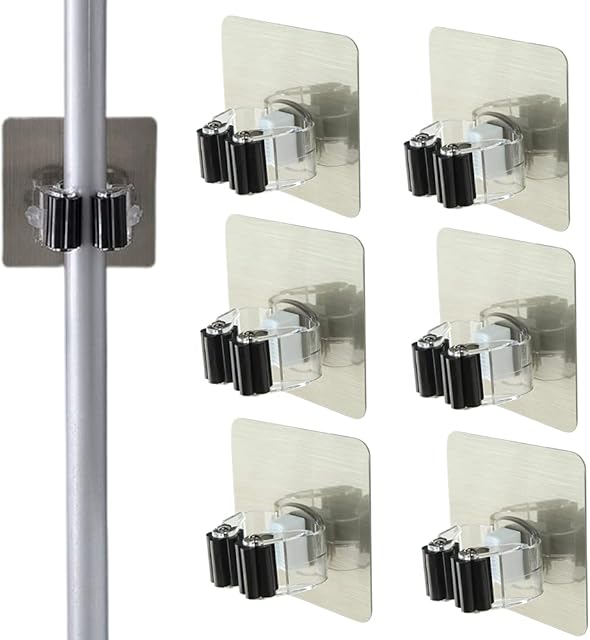 NA 6 Pcs Mop Broom Holder Adhesive Brush Holders No Drilling Cleaning Products Organiser Garden Tool Hanger Storage Wall Racks for Closet Kitchen Garage Bathroom